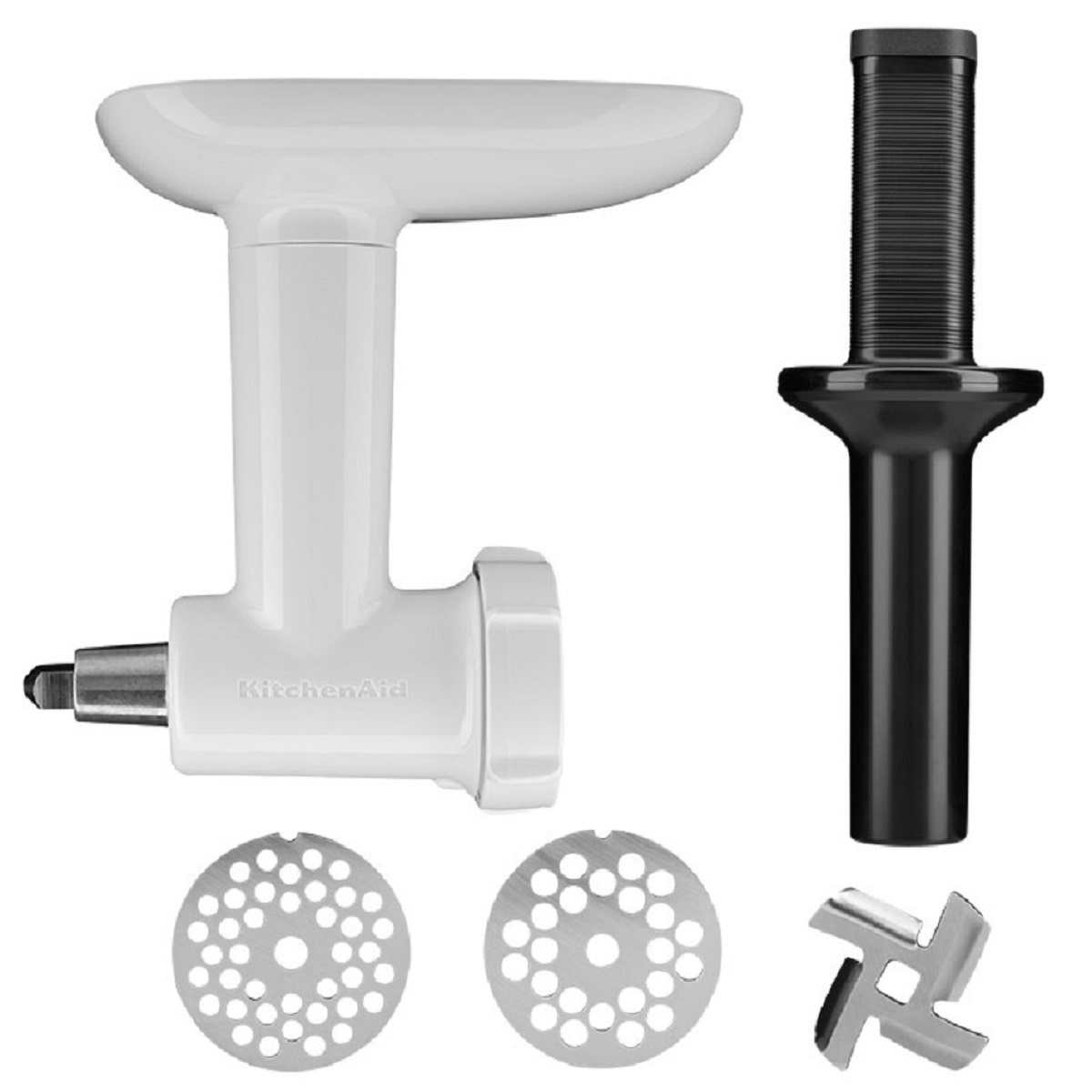 Ein weißer KitchenAid Fleischwolf-Aufsatz mit zwei Mahlscheiben, einem Schneidmesser und einem Schieber.