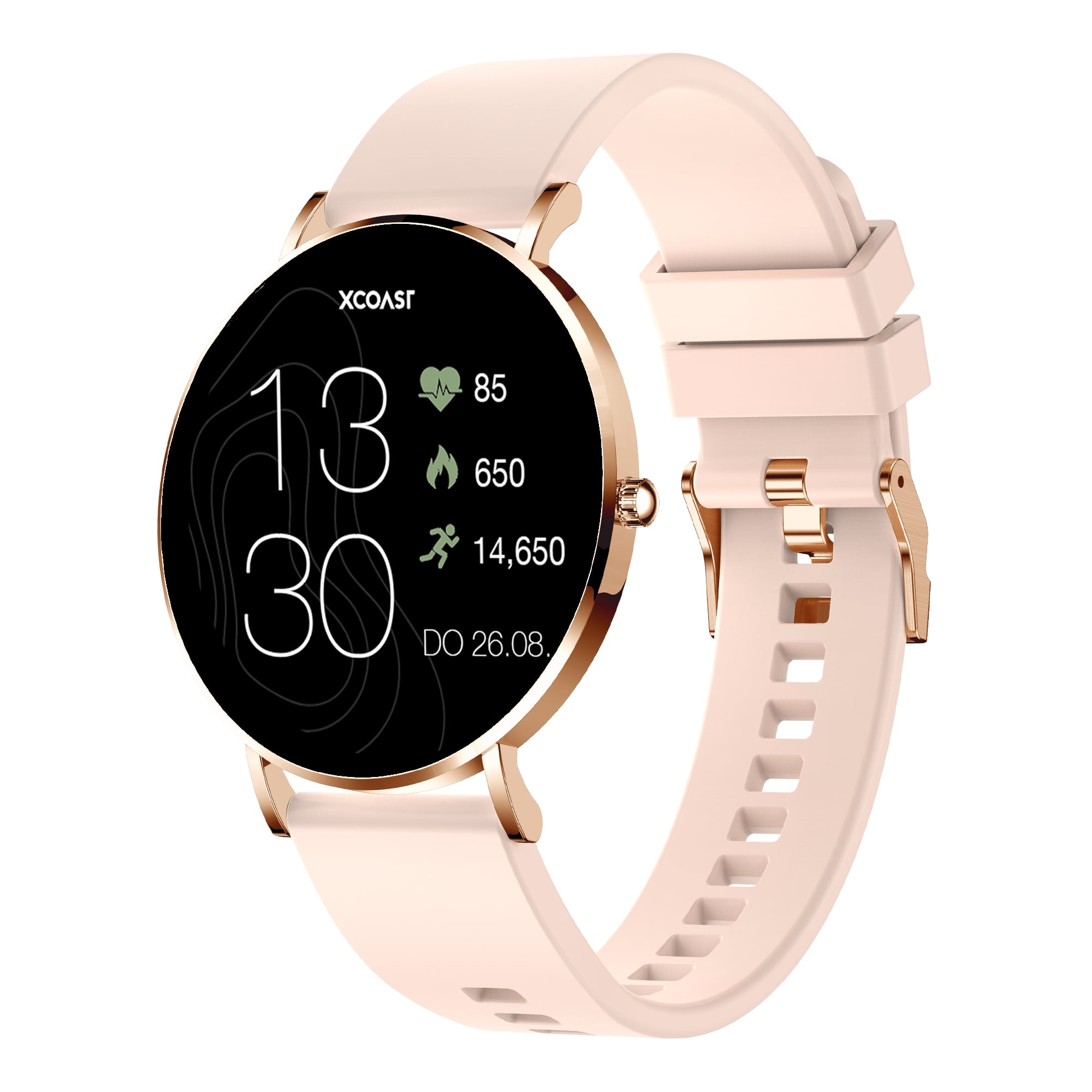 Eine rosa Smartwatch mit goldener Lünette und hellrosa Armband. Das Display zeigt Daten an.