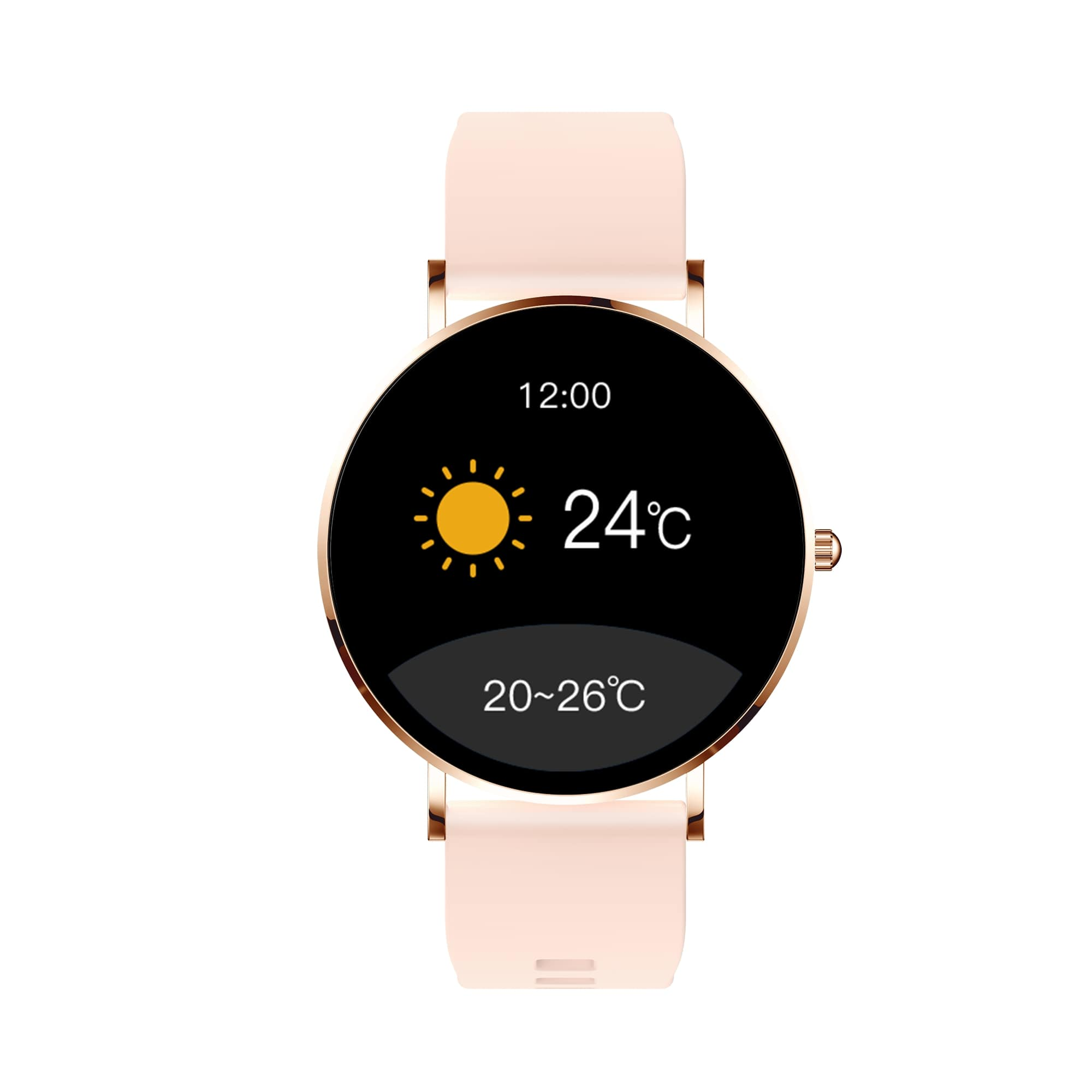 Roségoldene Smartwatch mit Zeit, Temperatur und Sonnen-Symbol.