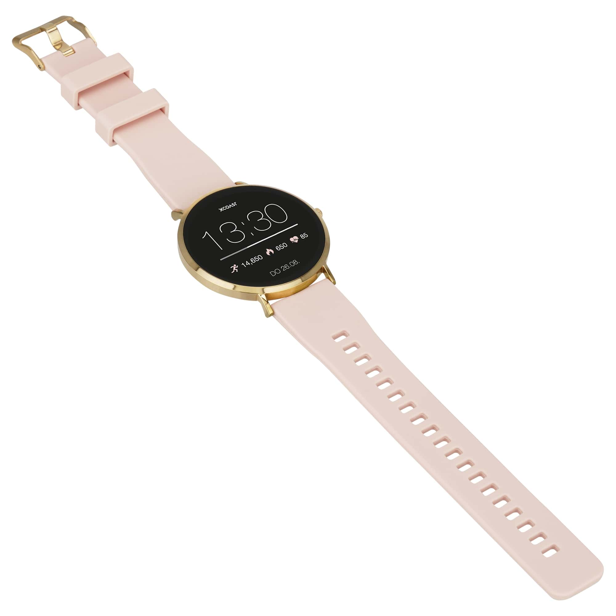 Goldene Smartwatch mit rosa Armband. Die Uhrzeit ist 13:30. Zeigt Aktivitätsmetriken an. Der Hintergrund ist weiß.