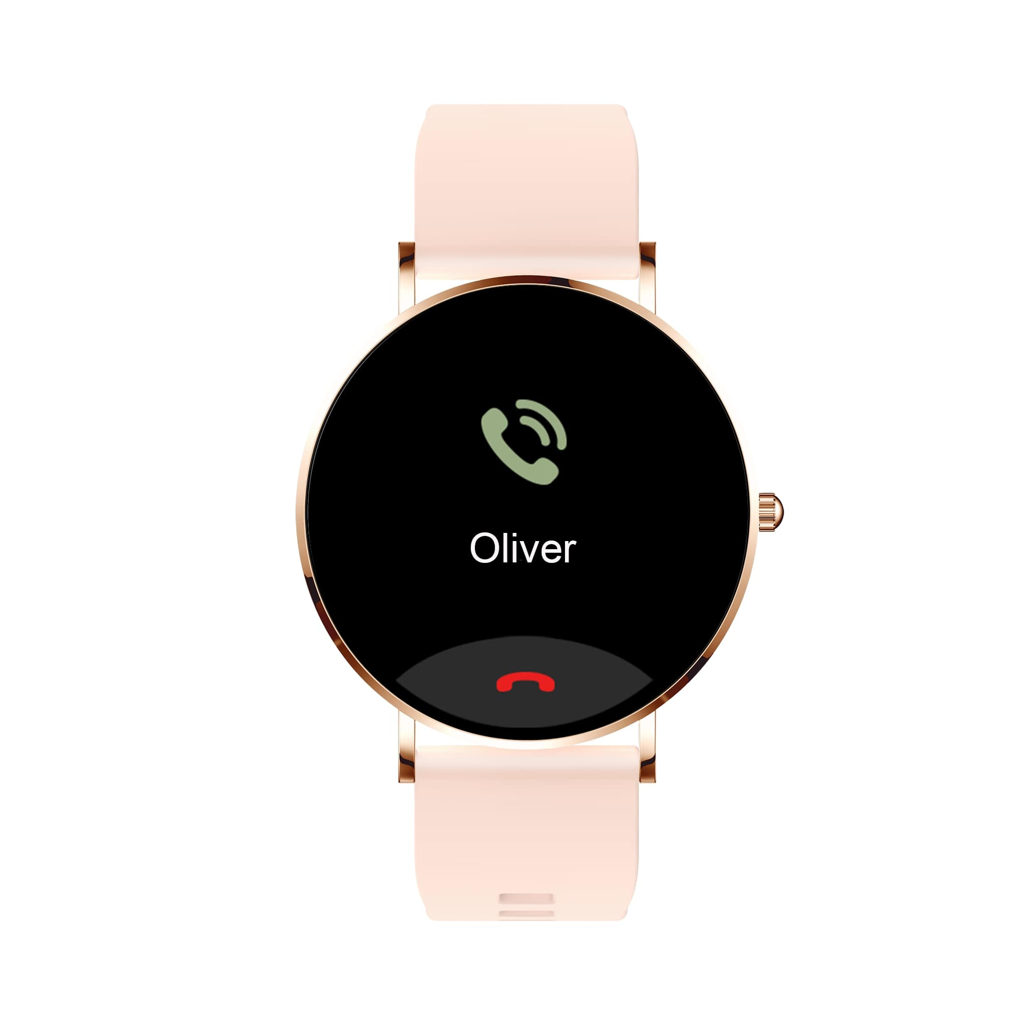 Eine Smartwatch zeigt einen eingehenden Anruf von 'Oliver' mit einem grünen Anrufsymbol an.