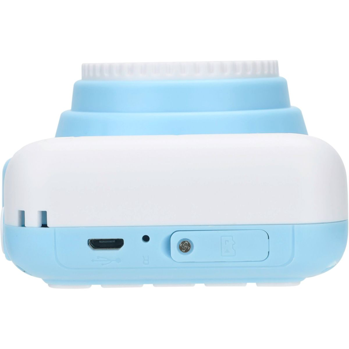 Niebiesko-biały aparat zabawka z portem USB, przyciskiem i gniazdem karty SD.