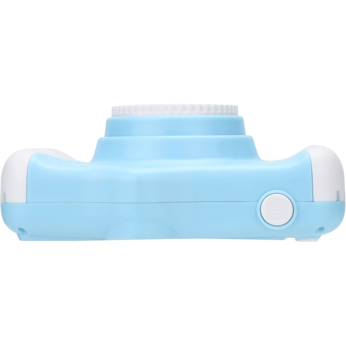 Jasnoniebieski aparat zabawkowy na białym tle. Ma biały obiektyw i przycisk.