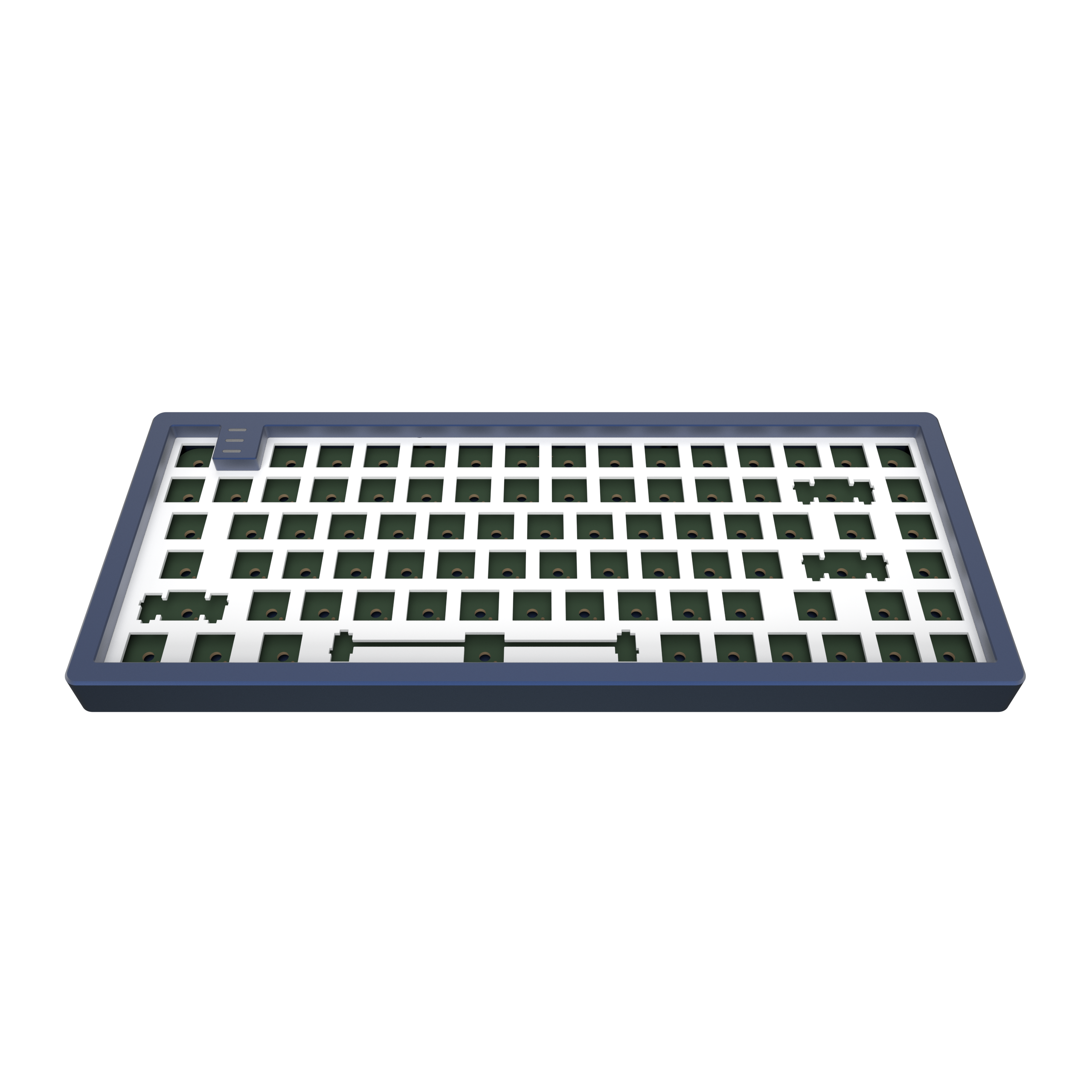 Eine rechteckige Tastatur mit dunkelgrünen Tastenkappen auf einem dunkelblauen Rahmen, isoliert auf schwarzem Hintergrund.