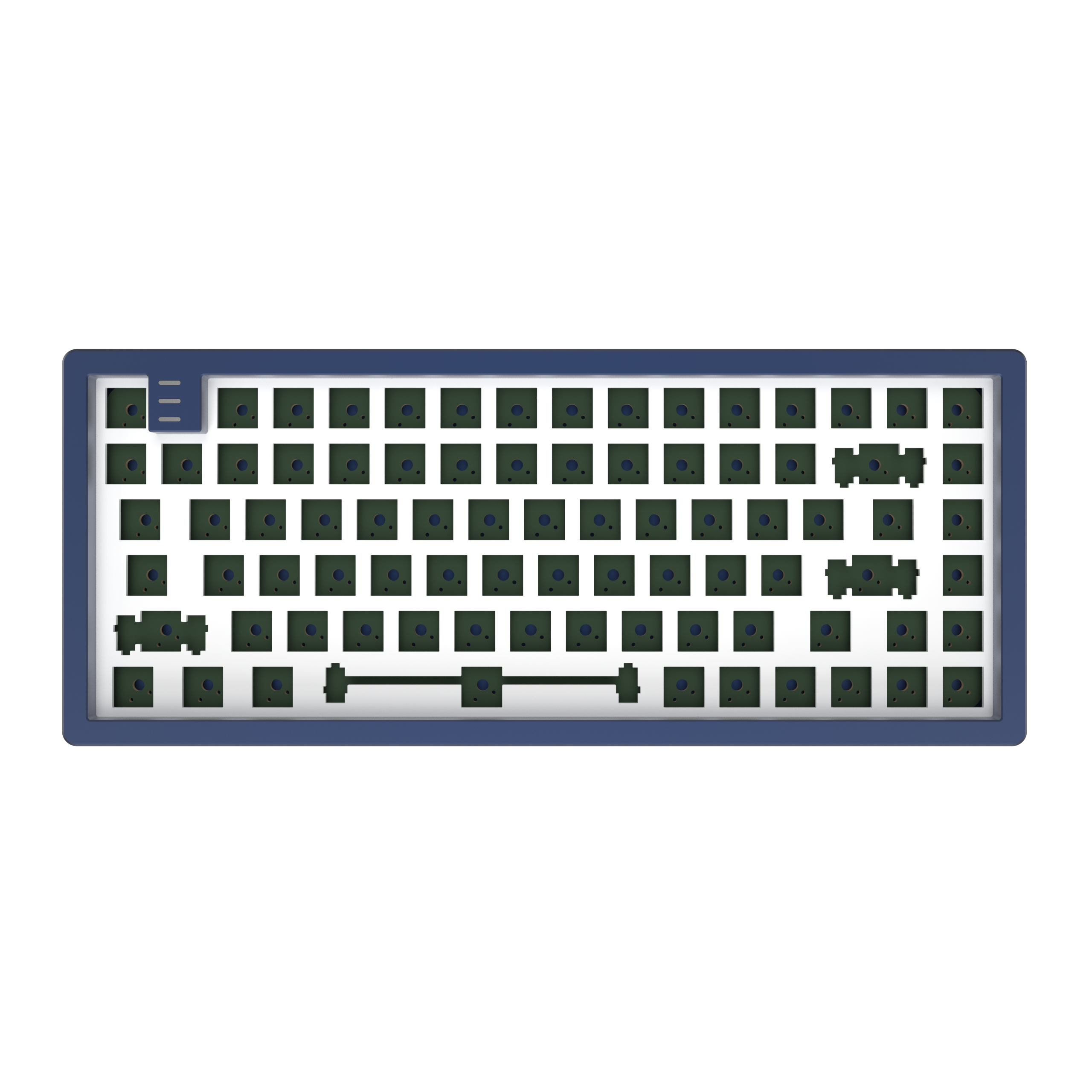 Eine Draufsicht auf eine blau-weiße mechanische Tastatur ohne Tastenkappen.
