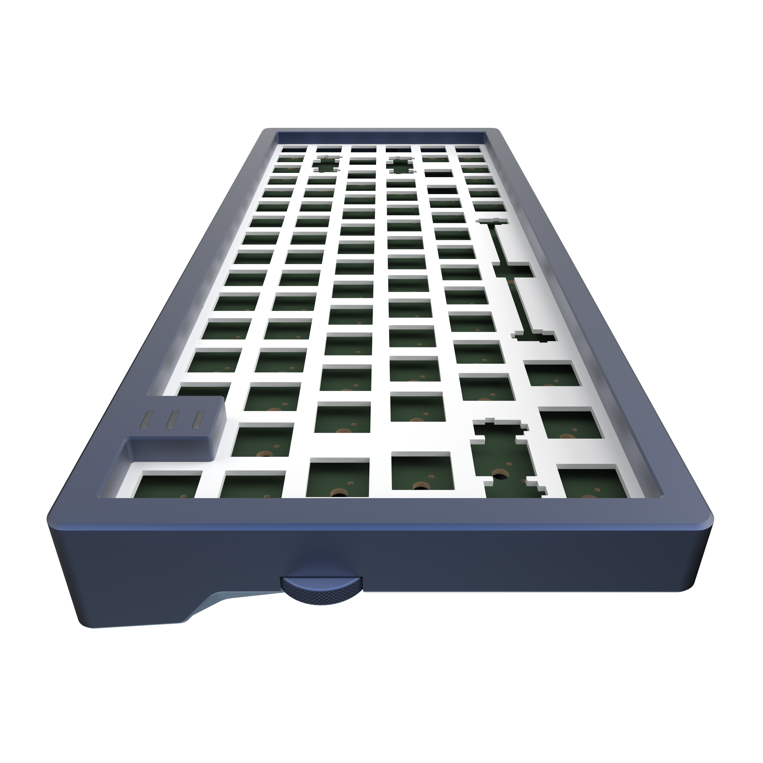 Eine rechteckige Tastaturbasis. Sie ist marineblau und hat eine Reihe von Löchern auf der Oberfläche. An der Seite befindet sich ein Knopf.