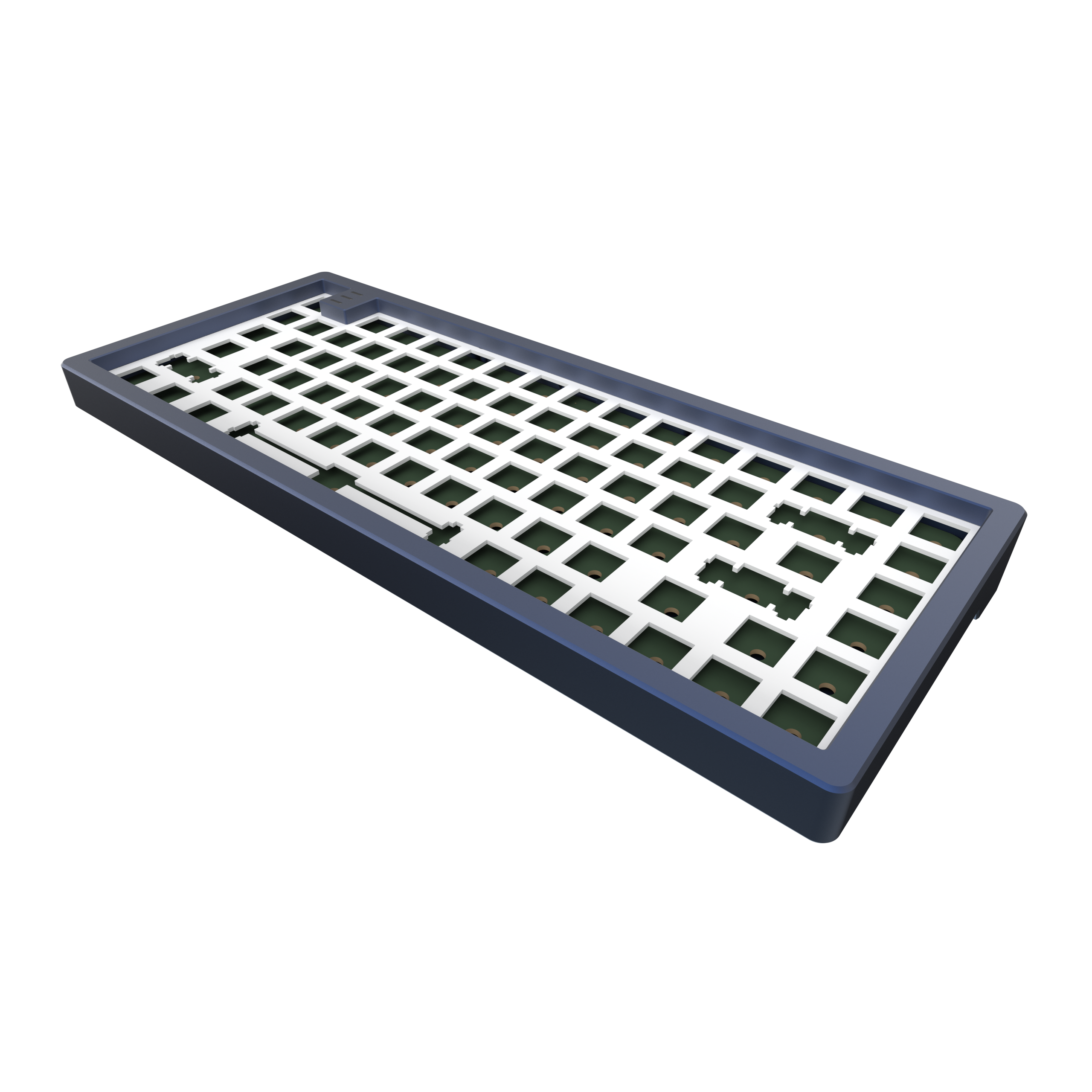 Tastaturrahmen mit Tastenfassungen, die die innere Struktur zeigen. Blauer Rahmen, weiße Tastenfassungen und grüner Sockel.