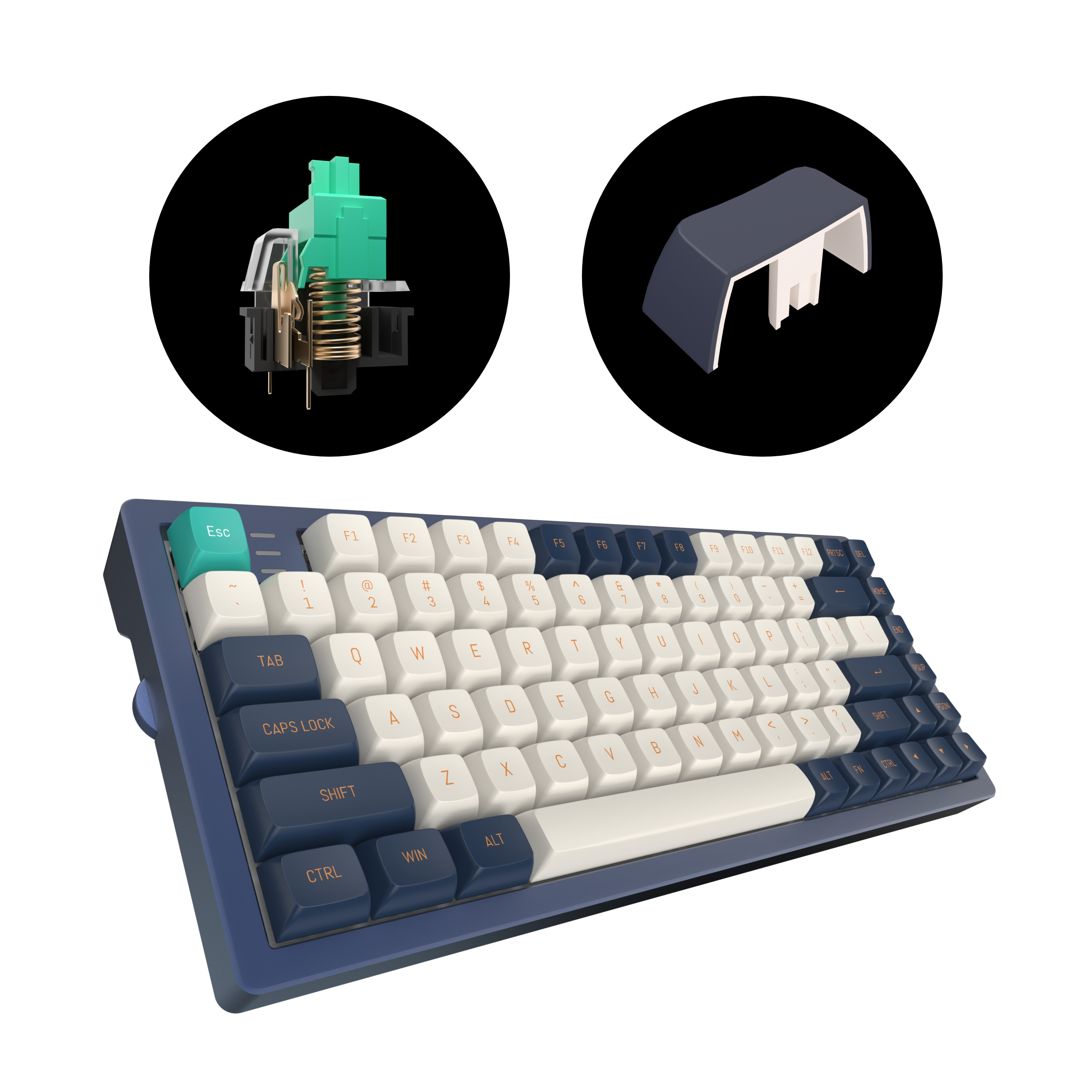 Mechanische Tastatur mit Keycaps, Schalter und Keycap-Abzieher.