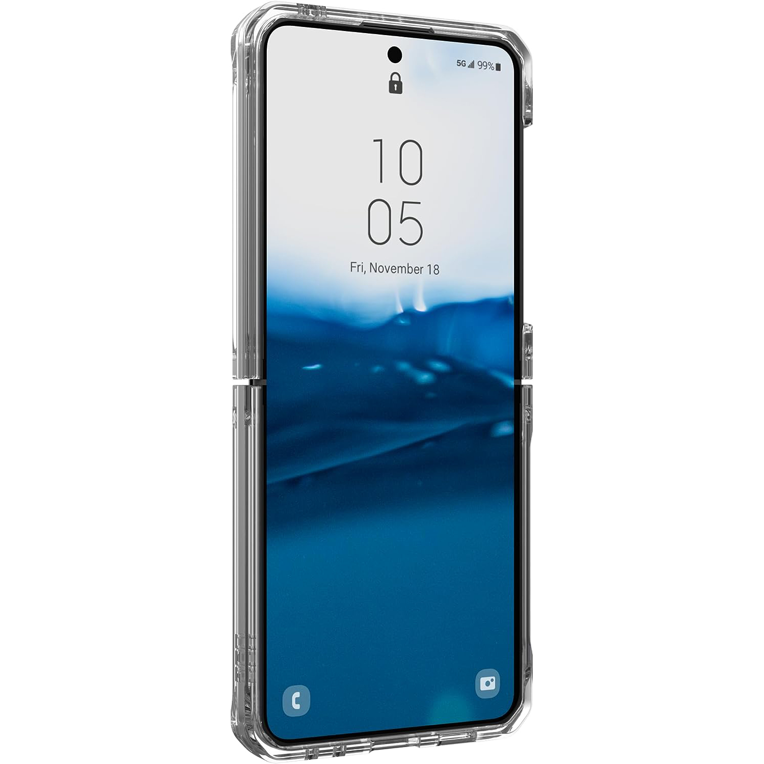 Een smartphone in een doorzichtige hoes, met de tijd en datum op het scherm.