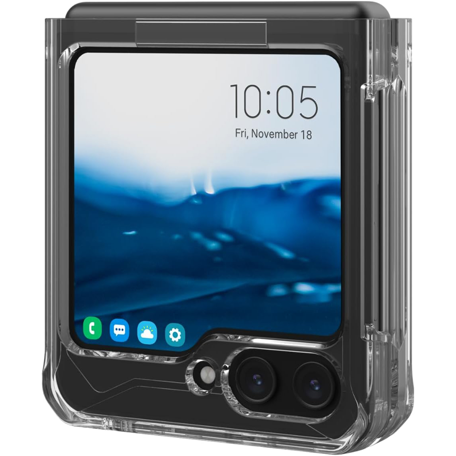 Een transparante telefoonhoes met een telefoon erin die de tijd en app-iconen weergeeft.
