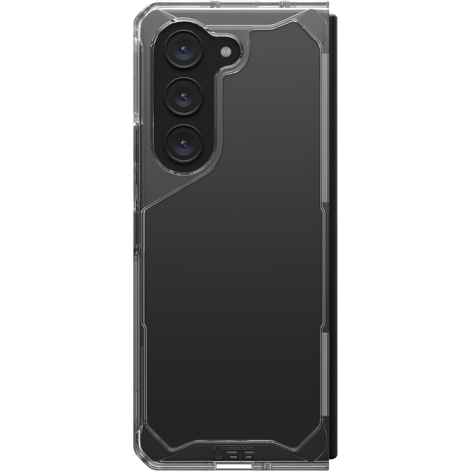 Zwarte smartphonehoes met een transparante achterkant, drie camera's en een helder, beschermend frame, witte achtergrond.