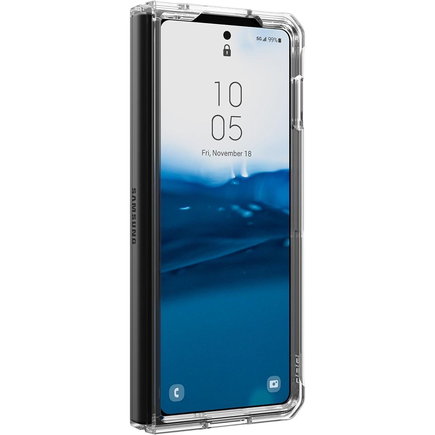 Een smartphone in een doorzichtige hoes. Het scherm toont de tijd en datum. De hoes heeft zwarte randen.