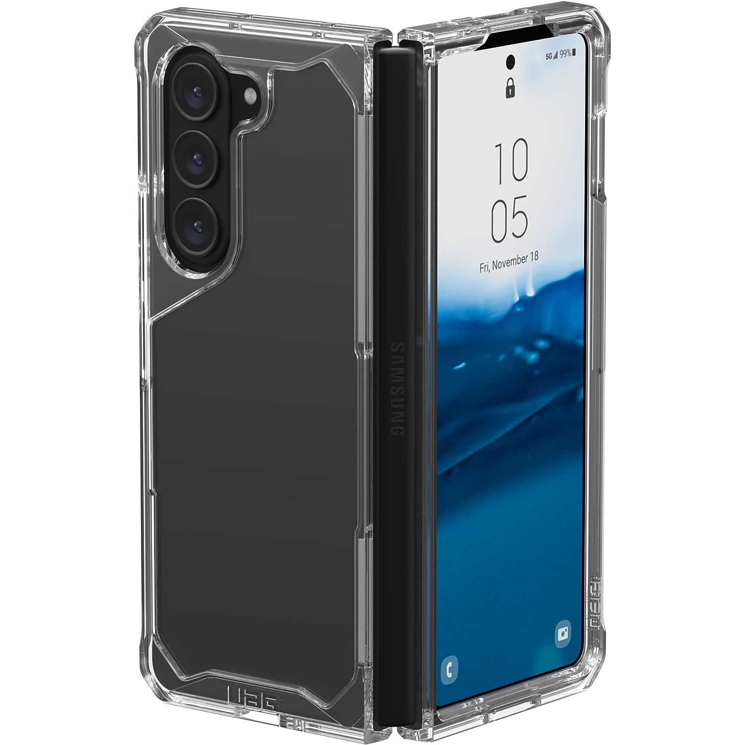 Opvouwbare smartphone in een doorzichtige beschermhoes. De telefoon is open en toont het scherm.