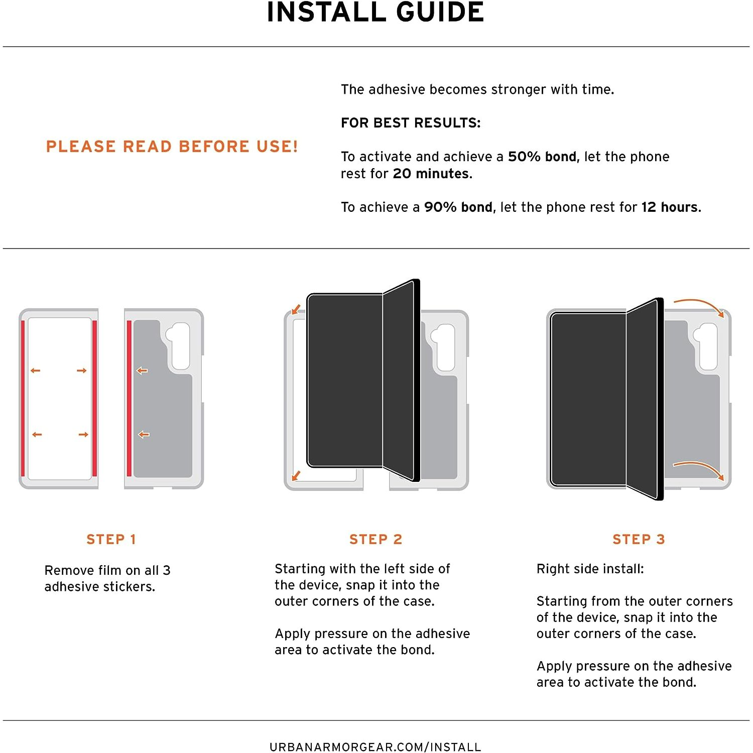 Installatiegids met diagrammen voor telefoonhoesje, stappen 1, 2 en 3.