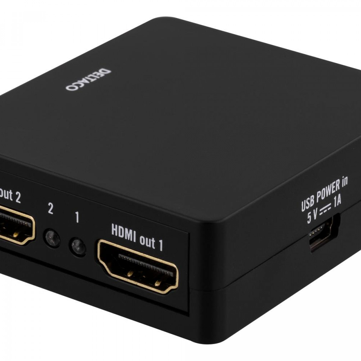 Ein schwarzer HDMI-Splitter mit Anschlüssen und Stromeingang.