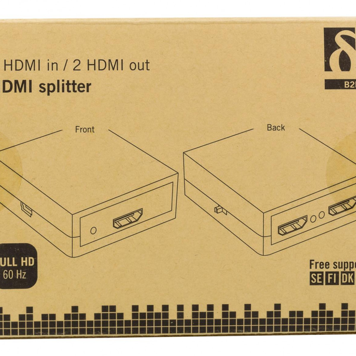 Eine HDMI-Splitter-Box mit Text- und Illustrationsdetails.