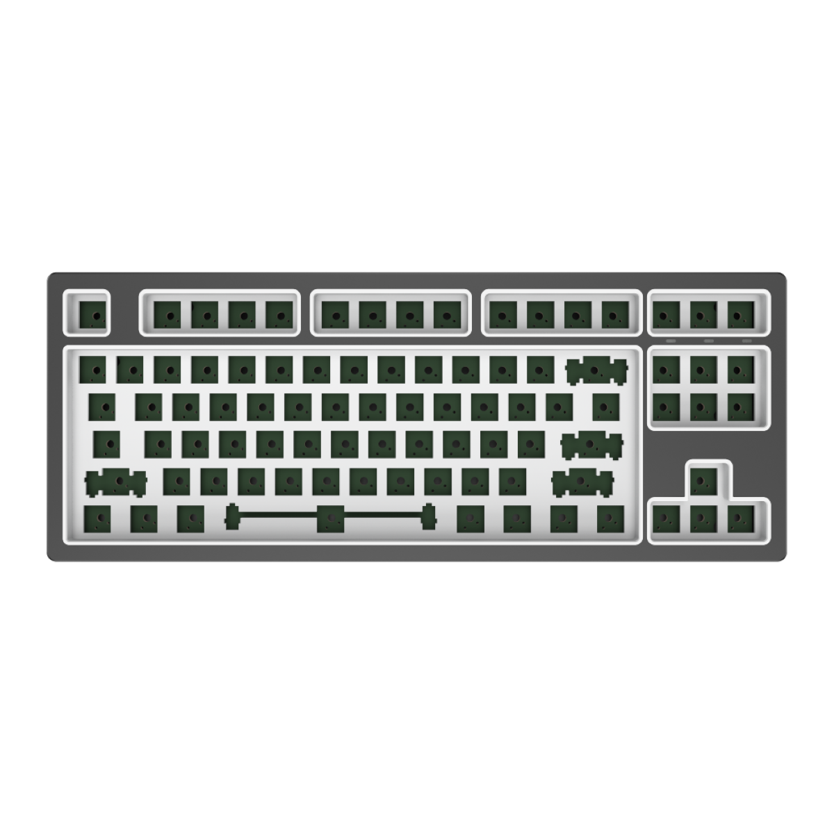 Tastaturrahmen mit grünen Schaltern. Die Tasten sind nicht angebracht. Der Rahmen ist grau.
