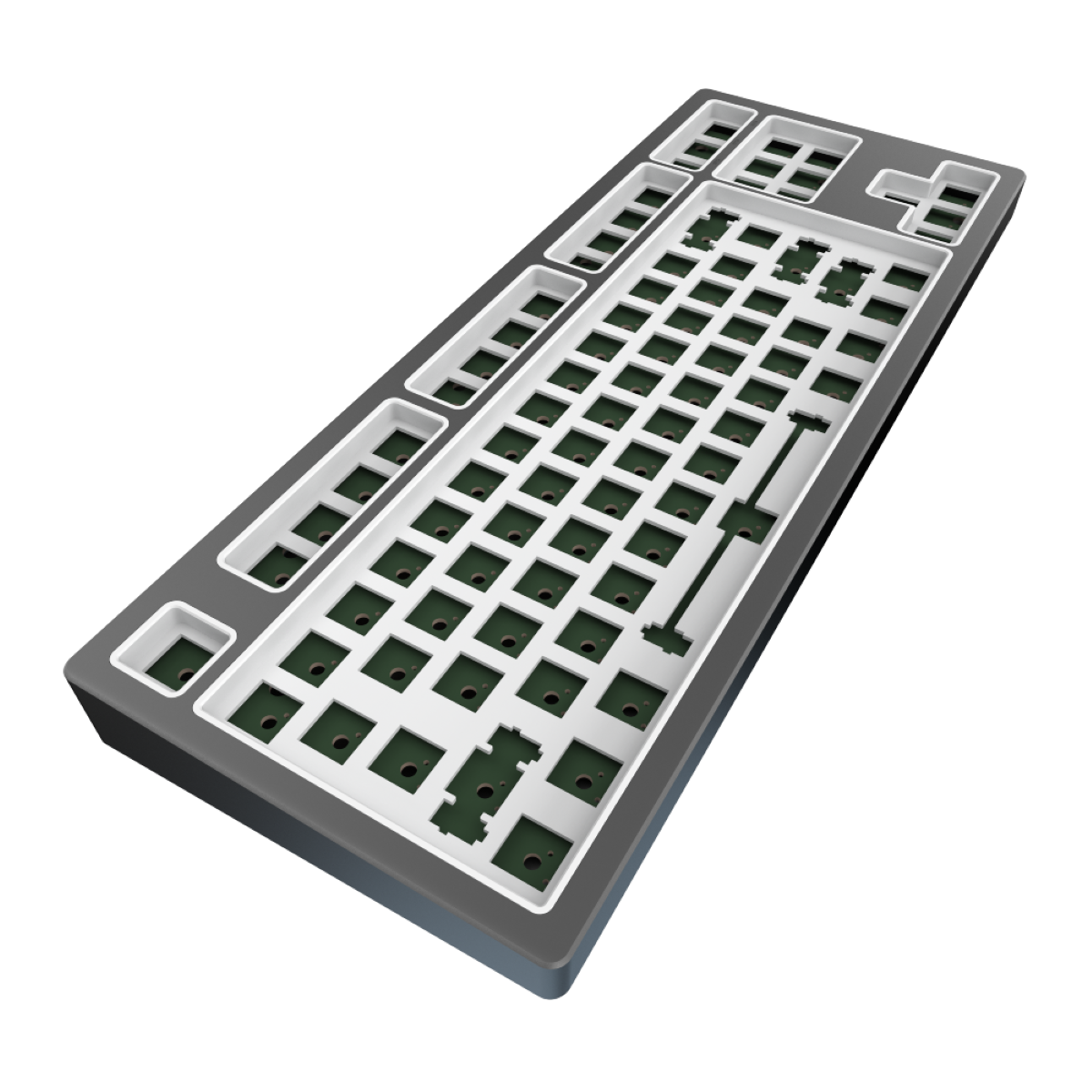 Mechanische Tastaturbasis in Grau. Weiße Tastenplatte. Grüne Schalter. Schwarzer Hintergrund.