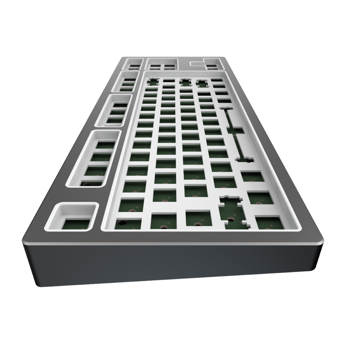 Ein Tastaturrahmen ohne Tasten, Schwarz-Weiß-Farben, mit schwarzem Hintergrund.