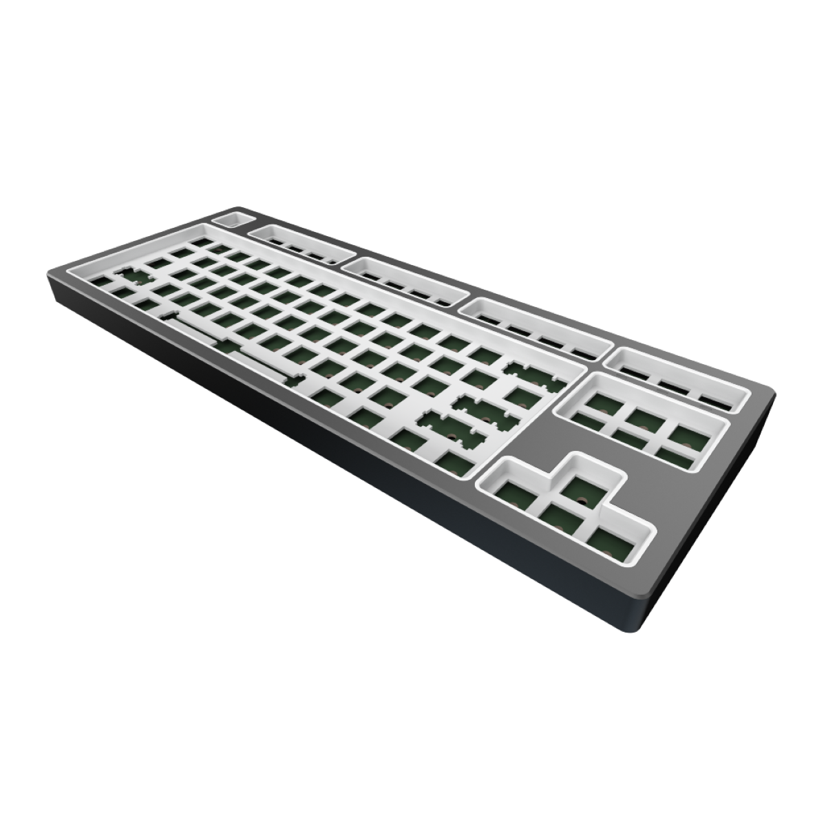 Ein grauer und weißer Tastaturrahmen. Der Tastaturrahmen hat Löcher für Tasten und befindet sich auf schwarzem Hintergrund.