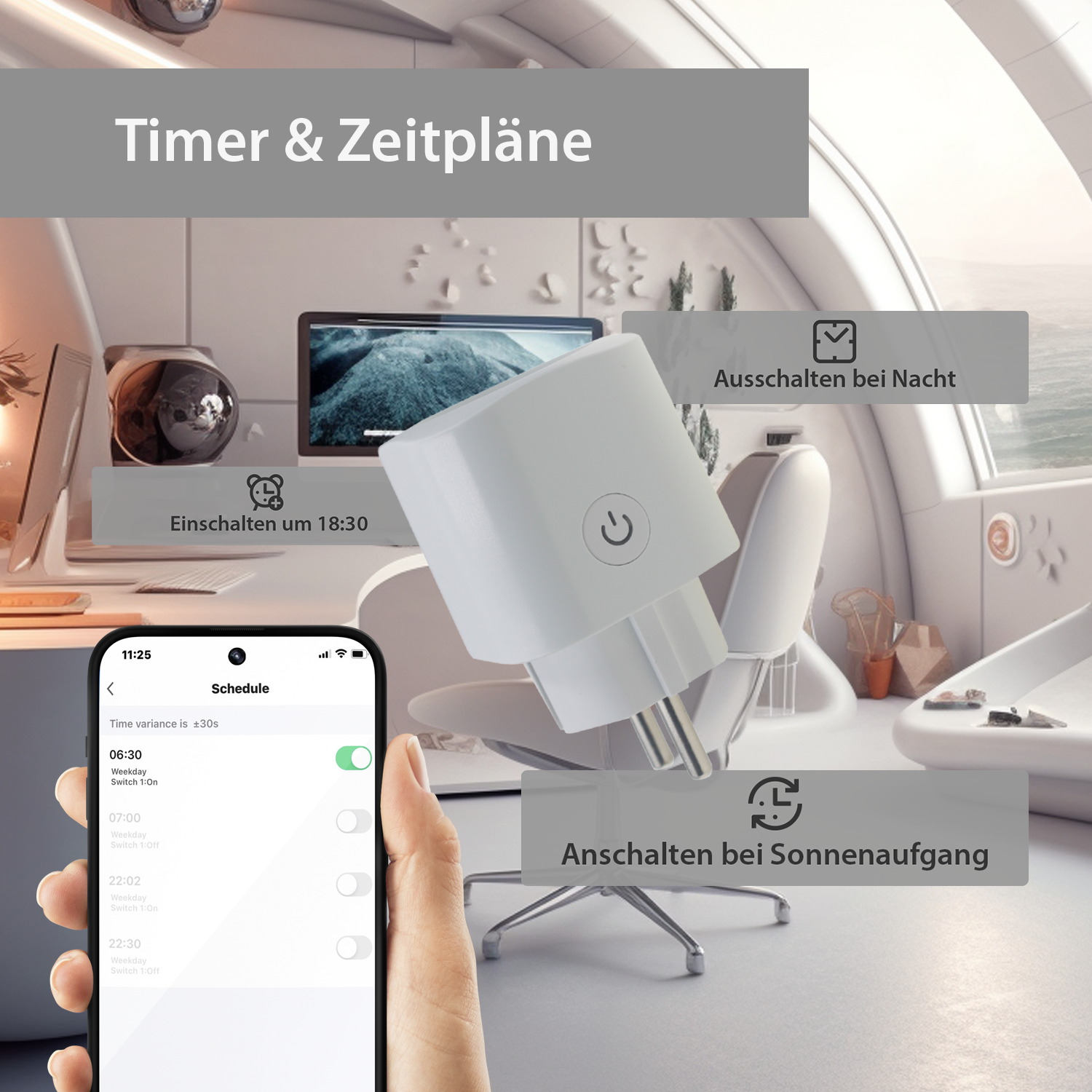 Smarter Stecker mit Telefon, das einen Zeitplan zeigt. Timer & Zeitpläne. Weißer Hintergrund.
