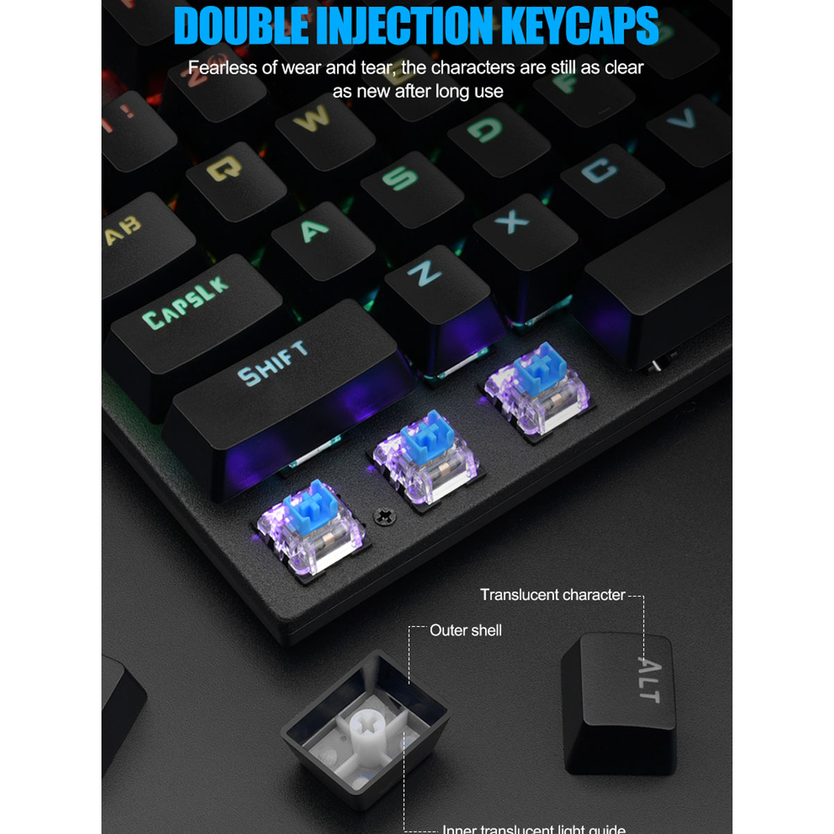 Nahaufnahme einer Tastatur mit bunten Tasten und transluzenten Schaltern.