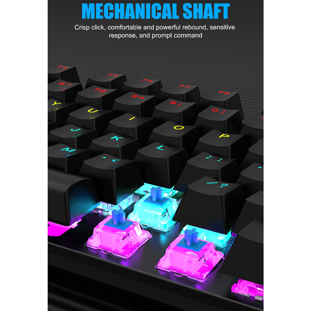 Nahaufnahme einer mechanischen Tastatur. Schwarze Tasten und bunte, leuchtende Tasten.