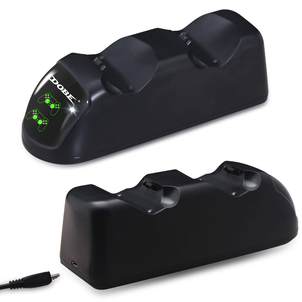 Schwarze Ladestation für Gamecontroller. Sie hat zwei Steckplätze und ein Stromkabel.
