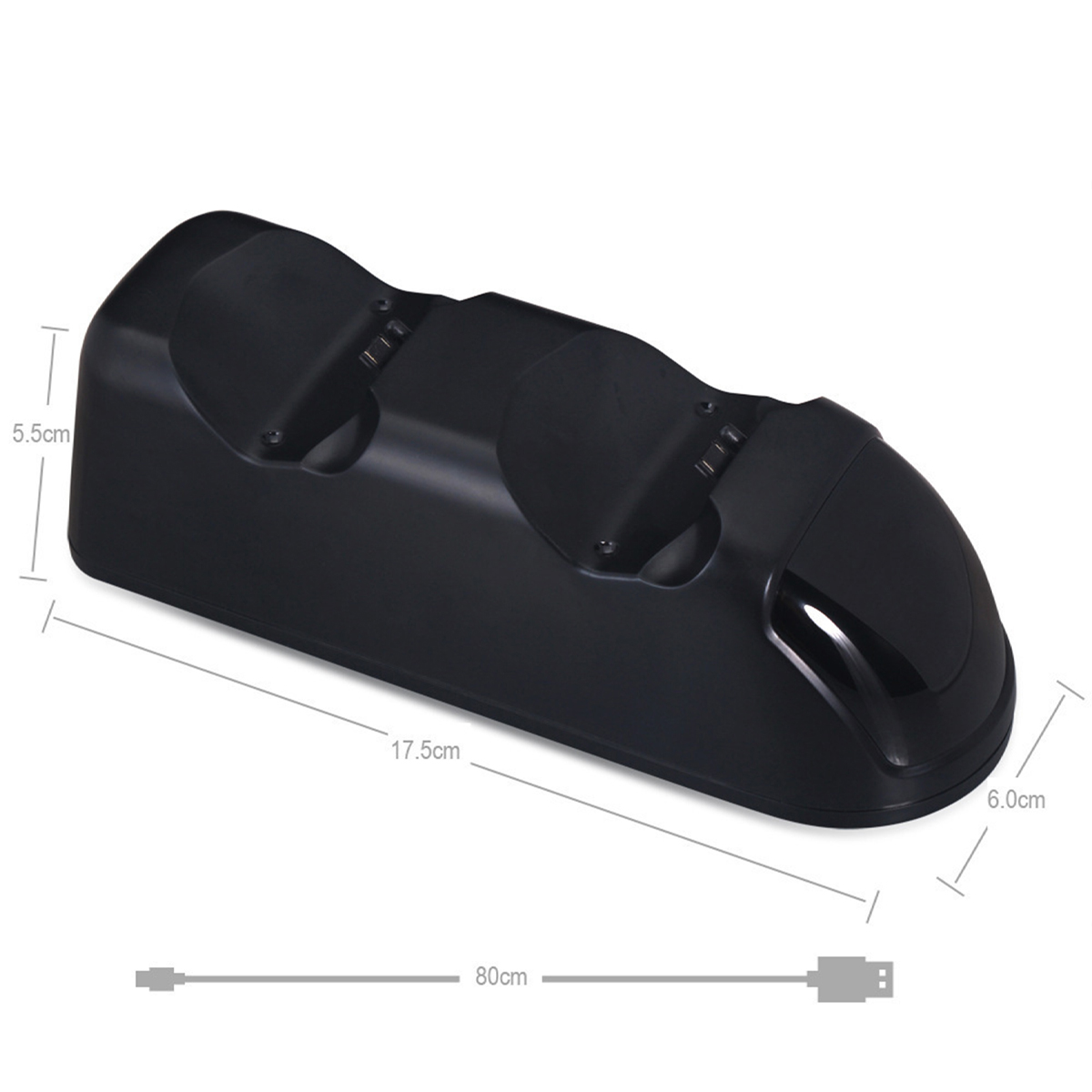 Schwarzes Spielcontroller-Ladegerät mit Abmessungen, mit Ladekabel unten.