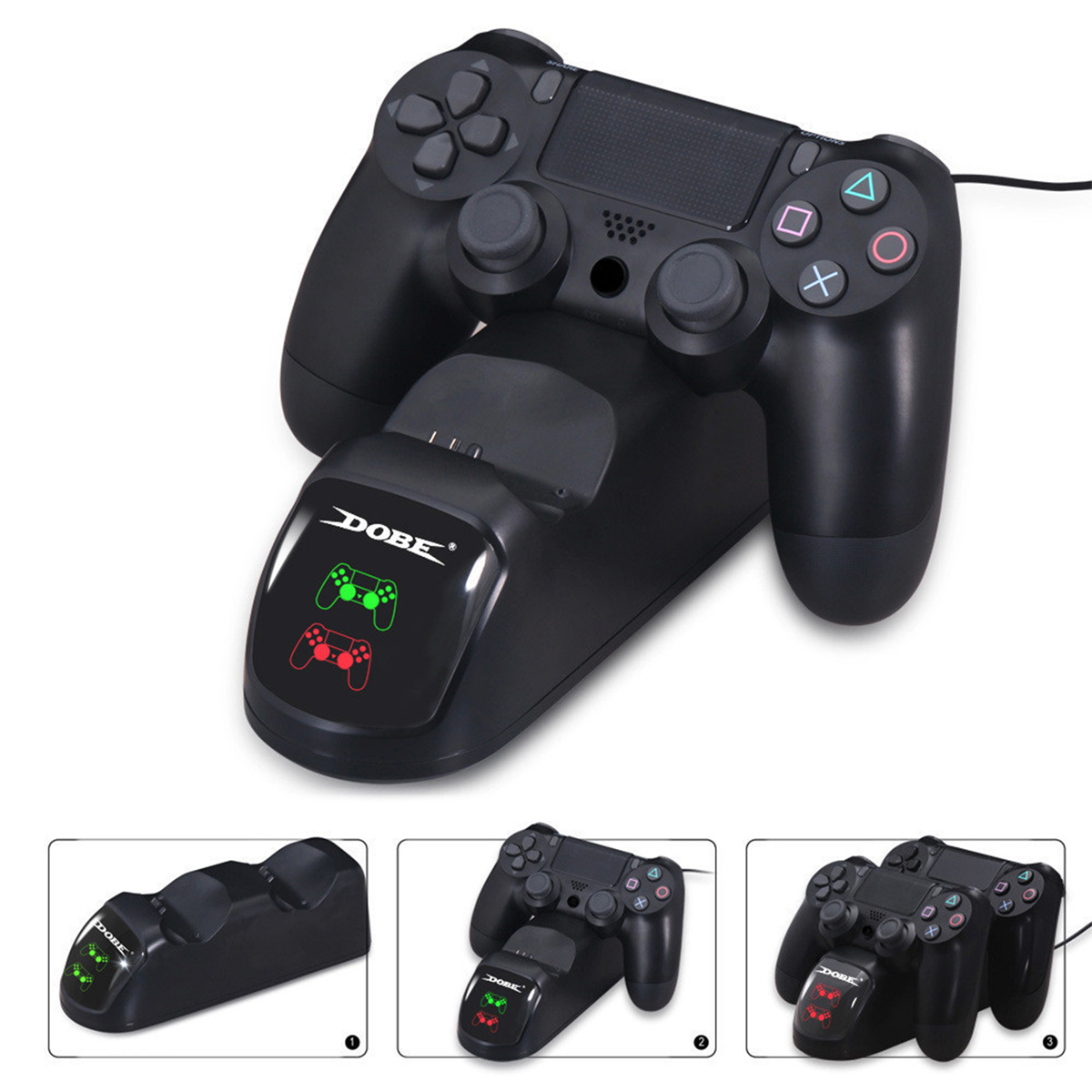 Schwarzer PS4-Controller auf schwarzer Ladestation. Dock zeigt grüne und rote Lichter.