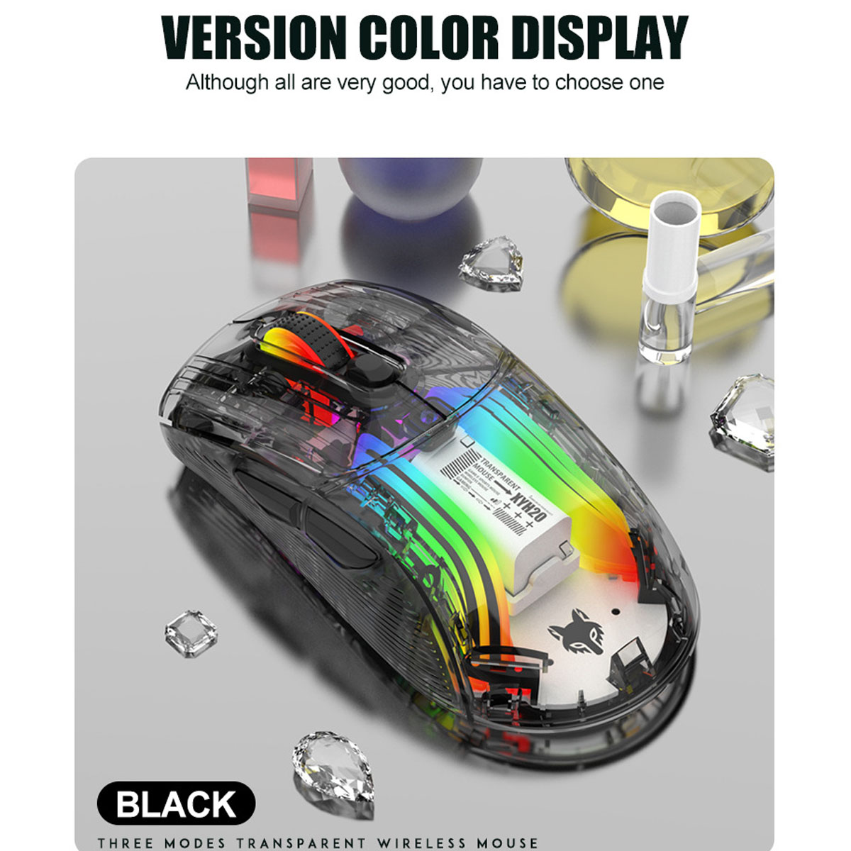 Transparente schwarze kabellose Maus mit Regenbogenbeleuchtung, mit Batterie und Innenteilen.