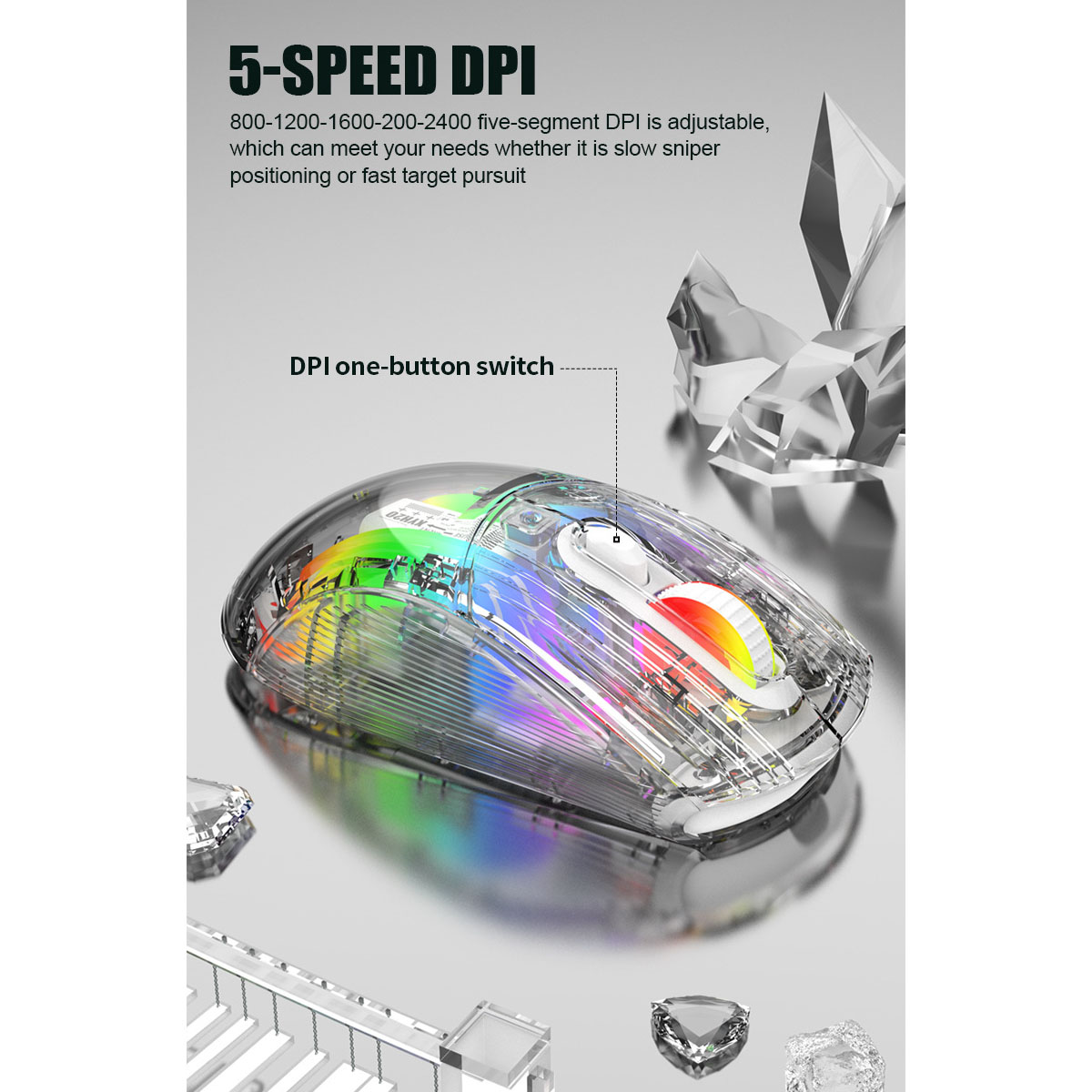 Transparente Gaming-Maus mit RGB-Beleuchtung, klarem Kunststoff und Kristallen.