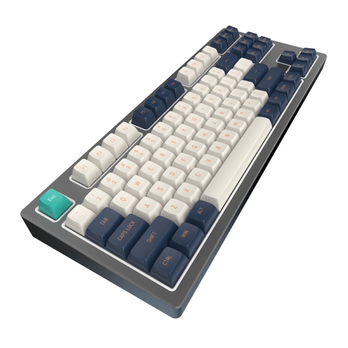 Mechanische Tastatur mit weißen, blauen und grauen Tasten. Esc-Taste ist türkis. Dunkelgrauer Rahmen.