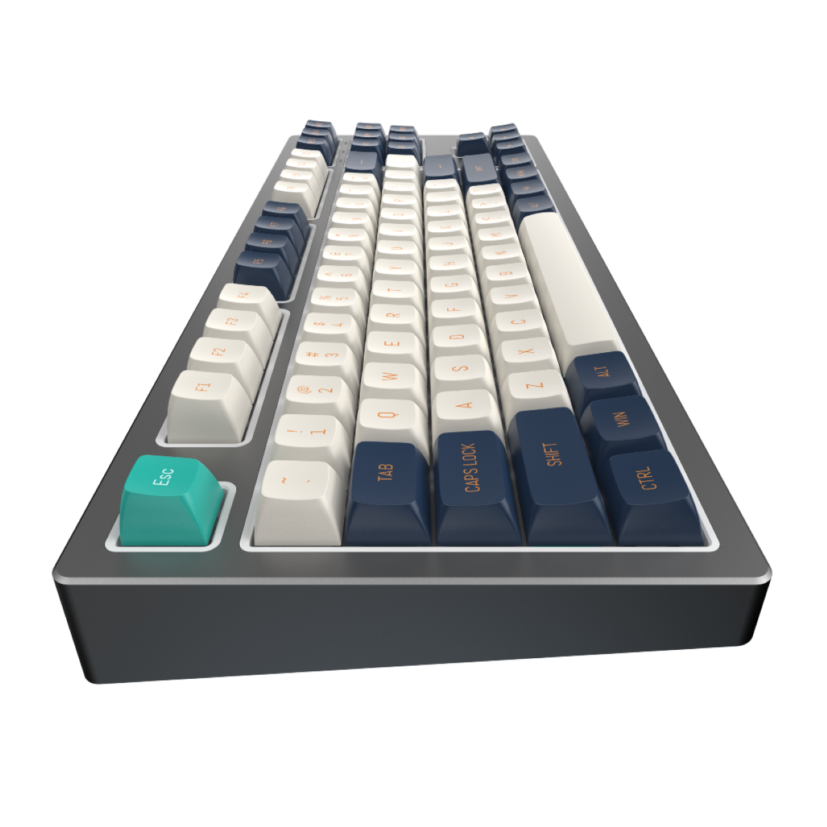 Eine graue und weiße mechanische Tastatur mit blauen und tealfarbenen Akzenten auf den Tasten.