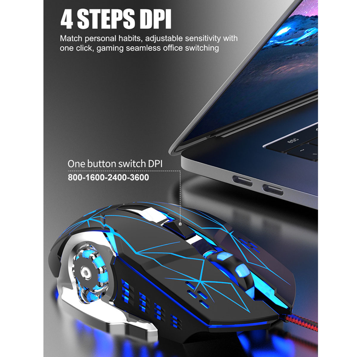 Gaming-Maus mit schwarzen und blauen Lichtern, neben einem Laptop. Text: '4 STEPS DPI'.