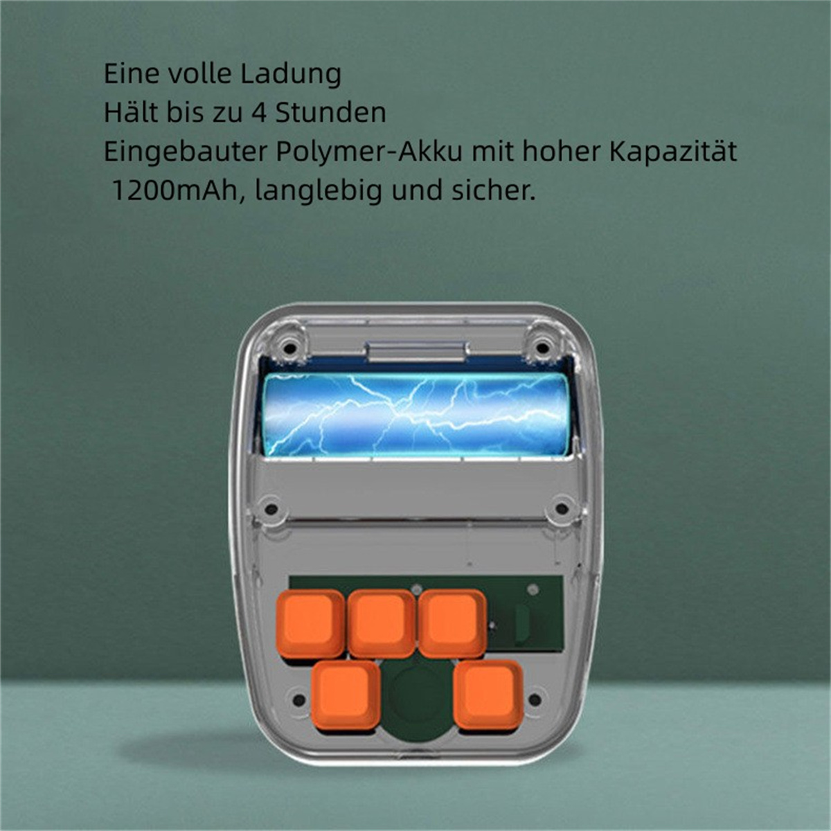 Transparente Kunststoffhülle mit Batterie und orangefarbenen Knöpfen. Text besagt, dass die Batterie 4 Stunden hält.