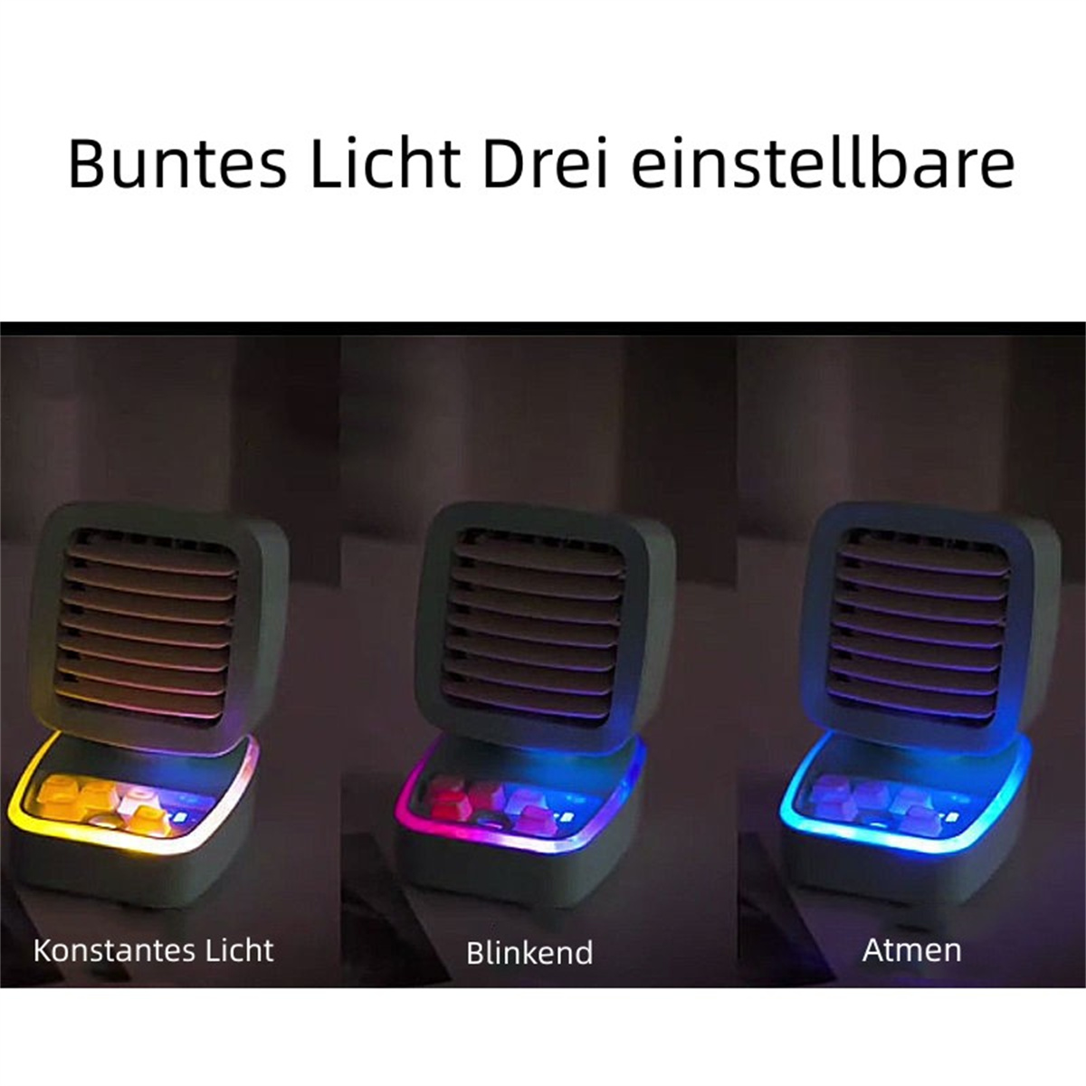 Drei Mini-Luftkühler mit unterschiedlich farbigen Lichtern: gelb, rosa und blau.