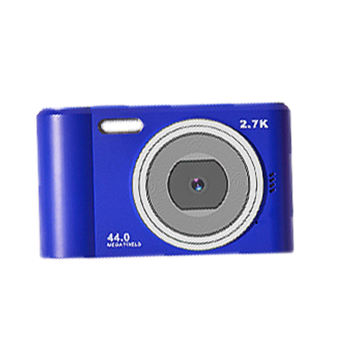 Eine blaue Digitalkamera mit Objektiv und Knöpfen, vor weißem Hintergrund.