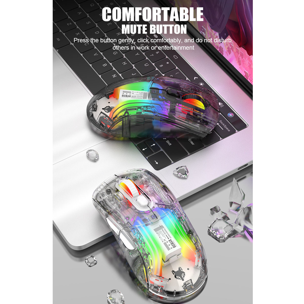 Zwei durchsichtige Computermäuse mit RGB-Beleuchtung, platziert auf einer Laptop-Tastatur.