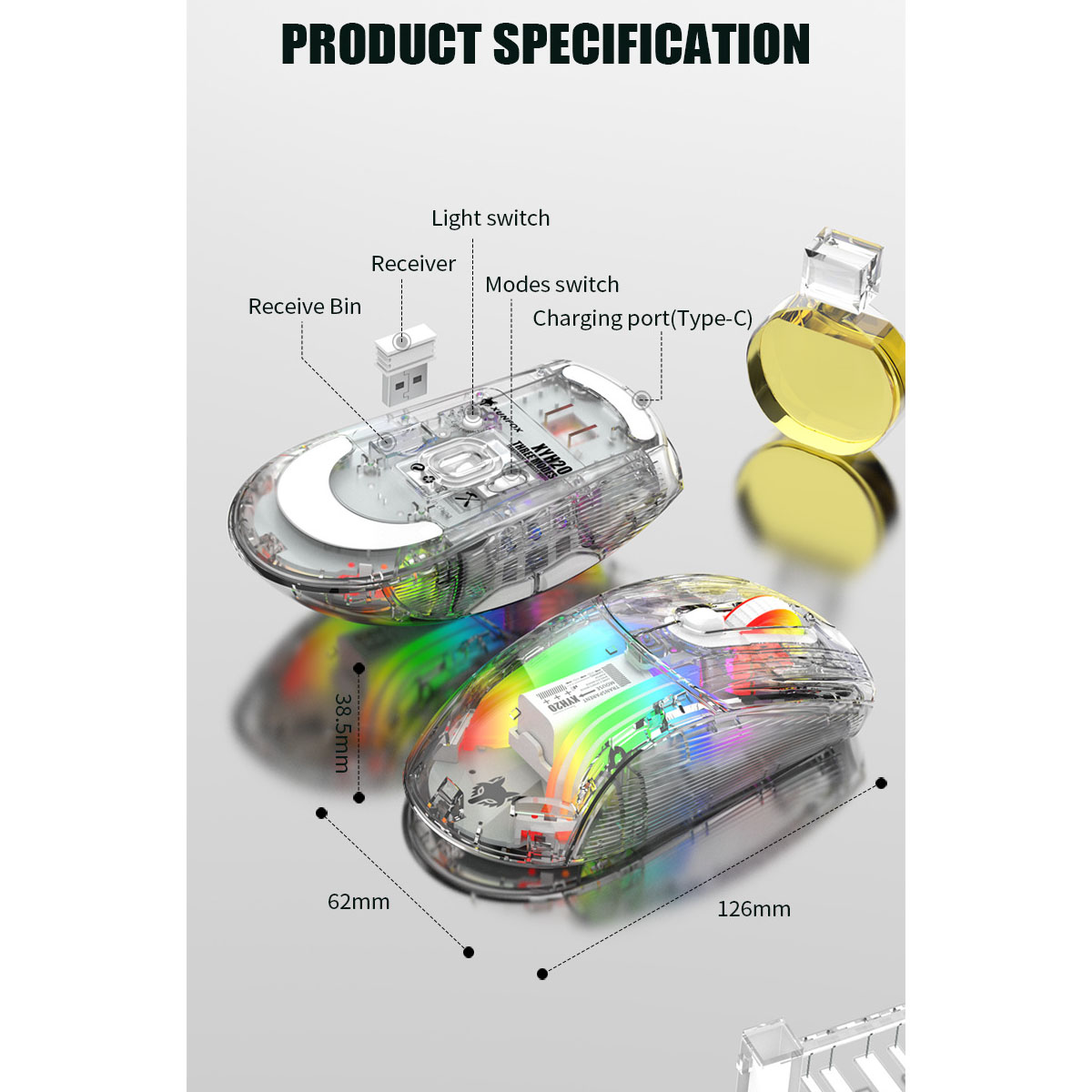 Gaming-Maus mit transparentem Gehäuse, das die internen Komponenten zeigt. Abmessungen: 126 mm lang, 62 mm breit, 38,5 mm hoch.