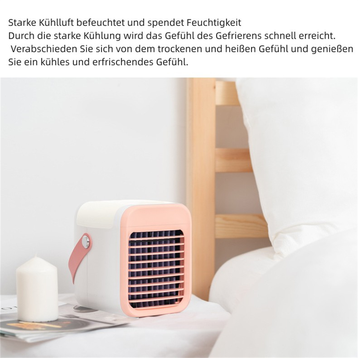 Ein kleiner rosa-weißer Luftkühler auf einem Tisch. Der Text sagt: 'Starke Kühlung befeuchtet und spendet Feuchtigkeit'.