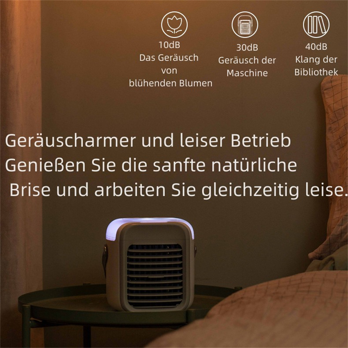 Bild mit Text auf Deutsch über Geräuschpegel und einen Luftkühler.