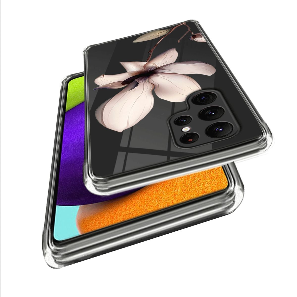 Telefon mit floraler Hülle und ein Telefon darunter. Der Hintergrund ist weiß.
