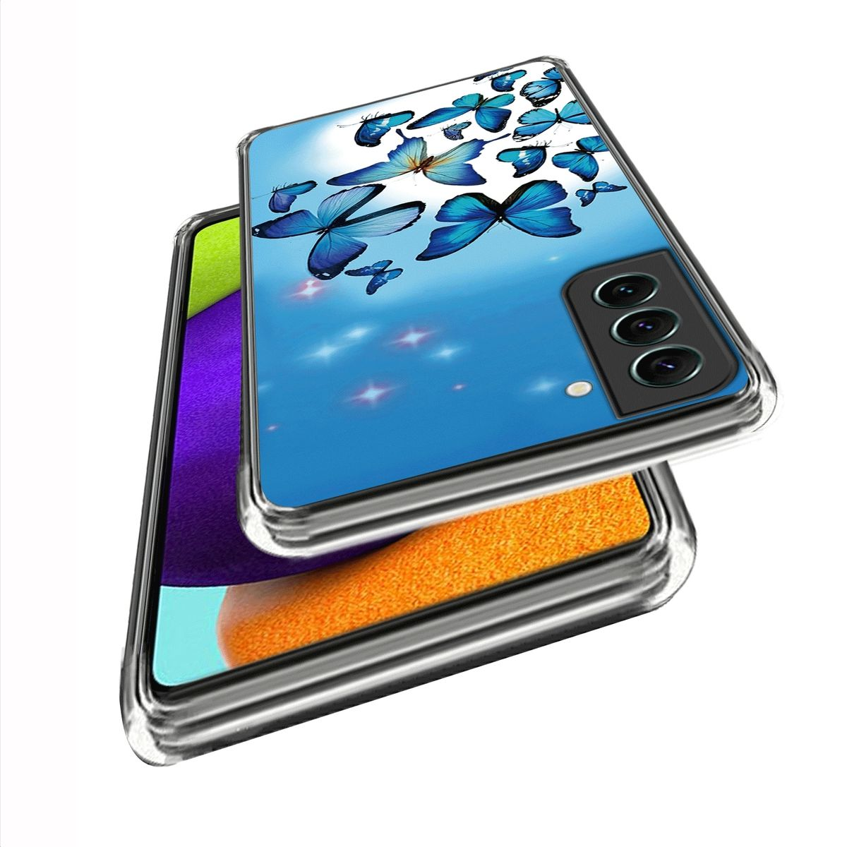 Zwei Telefone mit Hüllen, eines mit Schmetterlingsdesign, das andere lila. Blauer Himmel Hintergrund.
