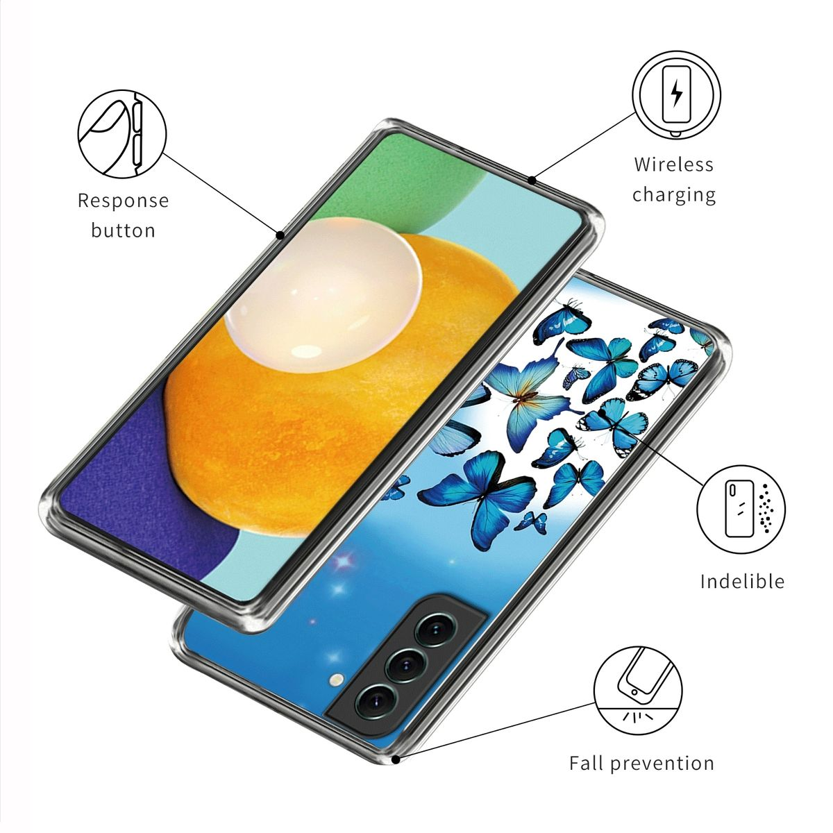 Ein Telefon mit einer Hülle im Schmetterlingsdesign, mit kabellosem Laden und Sturzschutz.