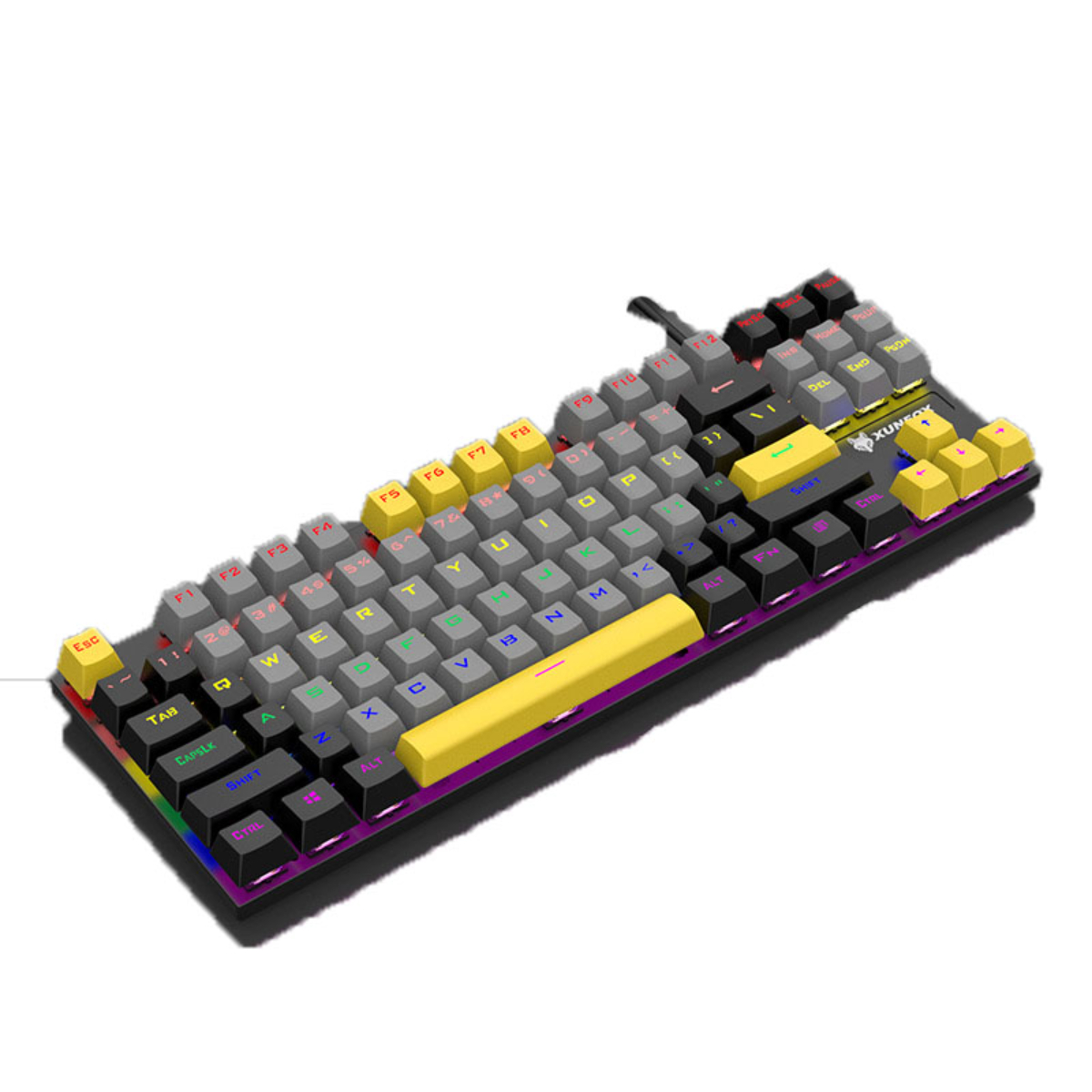 Schwarze mechanische Tastatur mit bunten Tasten und Kabelanschluss.