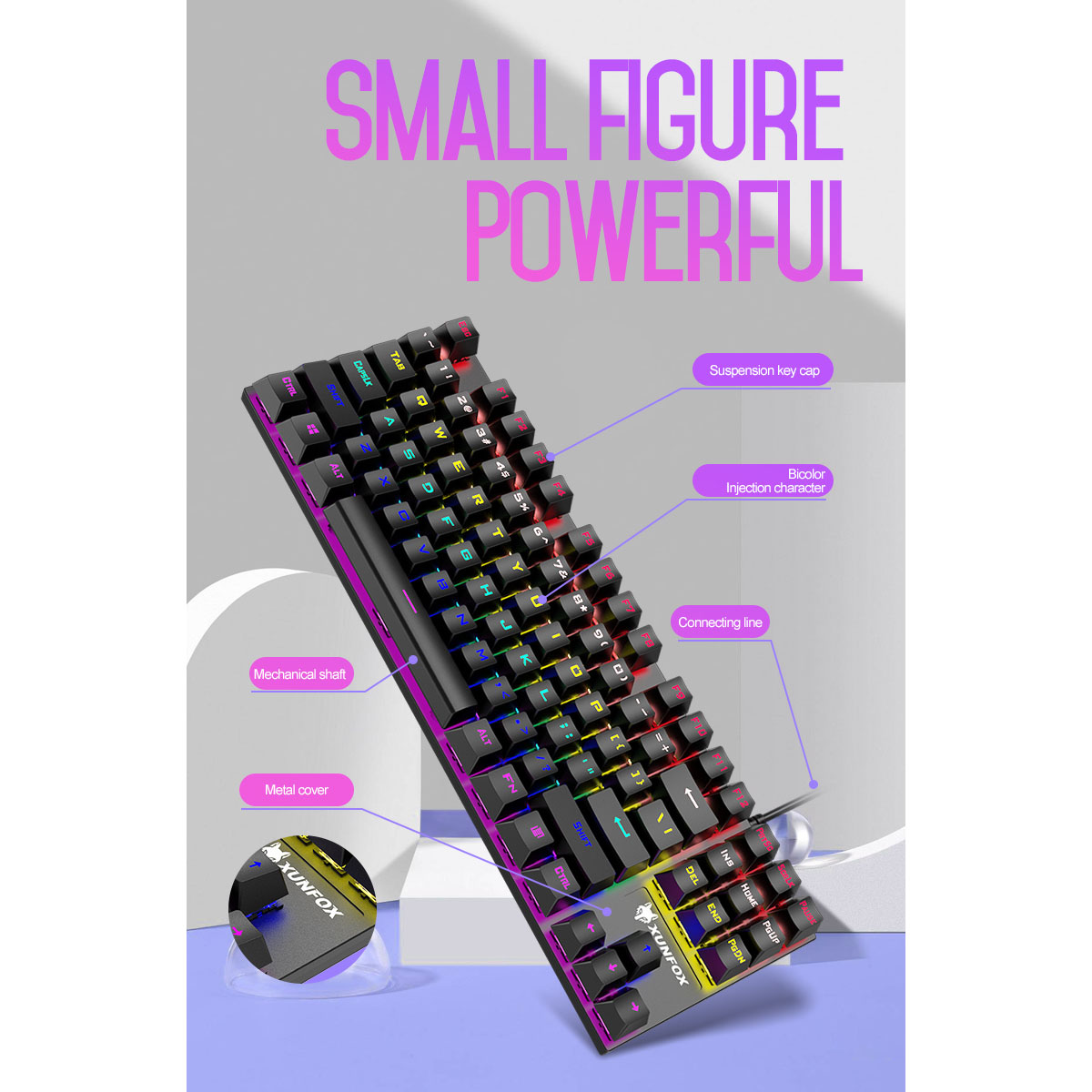 Eine farbenfrohe Gaming-Tastatur mit beschrifteten Tasten und einem leuchtenden Licht. Text: 'SMALL FIGURE POWERFUL'.
