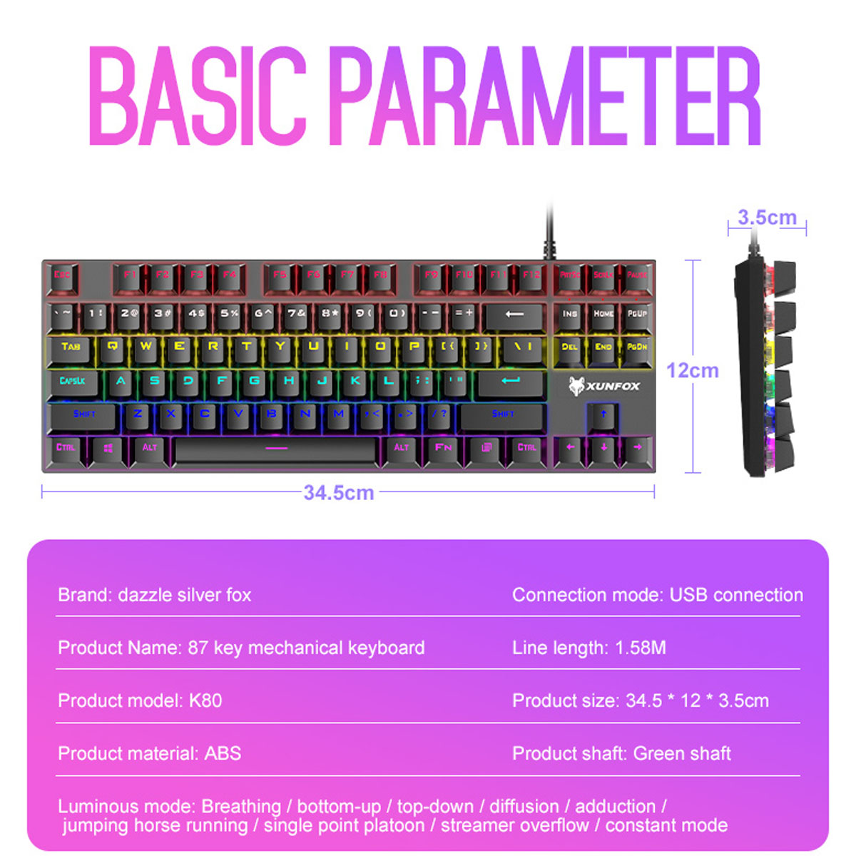 Tastatur mit Grundparametern und Abmessungen in cm, mit weißem Hintergrund.