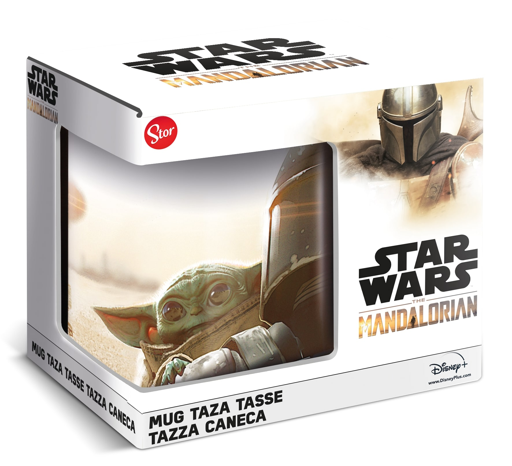 Ein Star Wars Mandalorian Becher in einer Box. Der Becher hat Grogu und Mandalorian darauf.