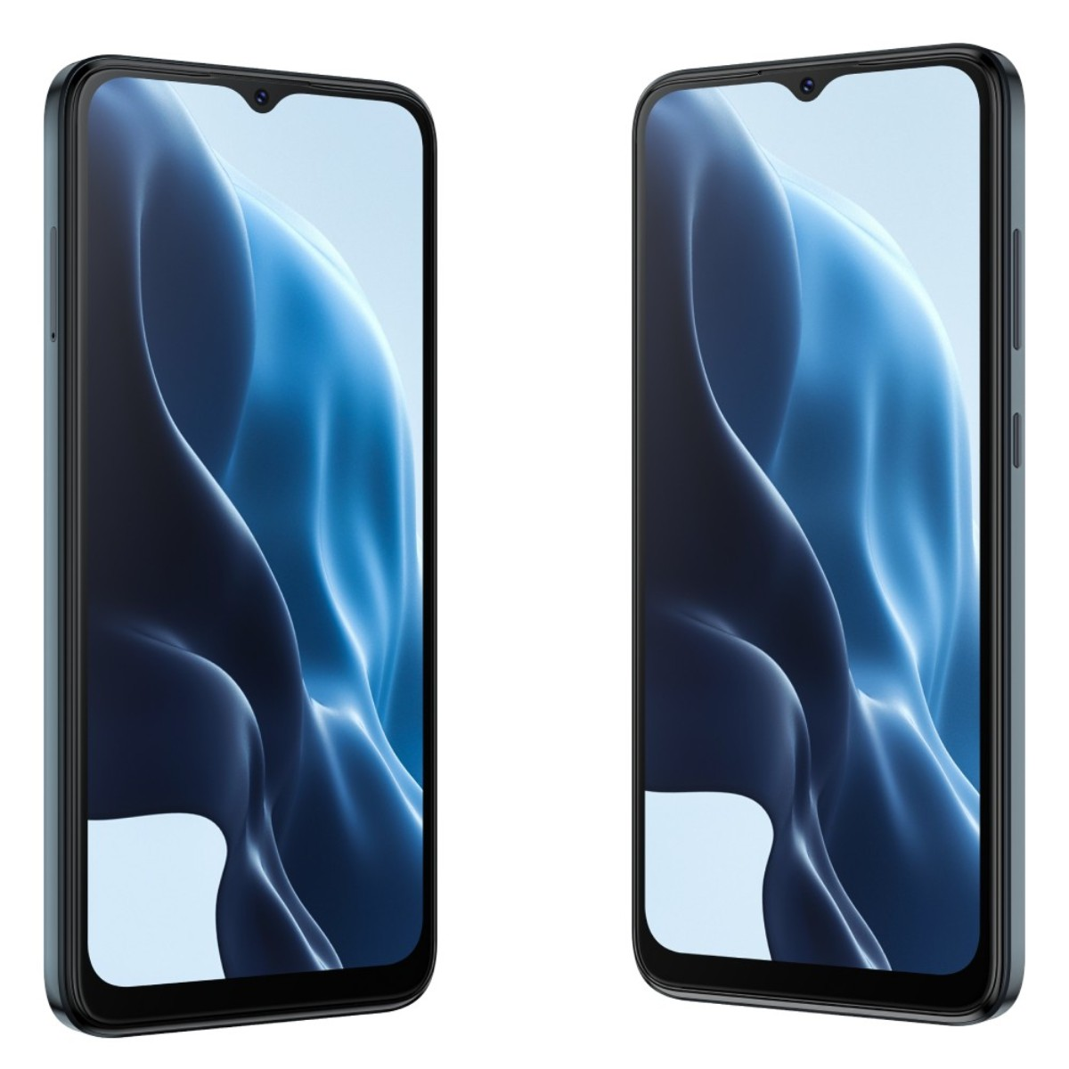 Dos smartphones con fondo de pantalla azul en forma de onda. Los teléfonos tienen un marco negro.